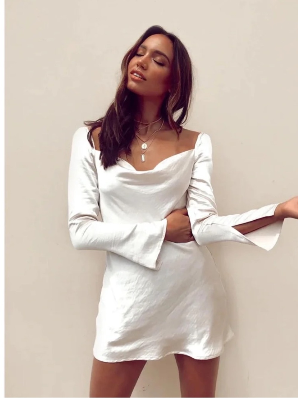 Princess Polly White Satin Cowl Neck Long-Sleeve Mini Dress